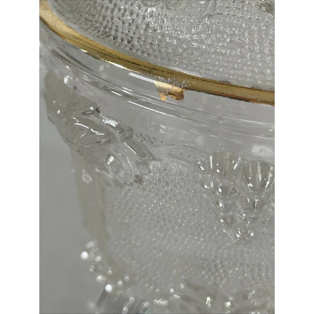 Jeanette Glass Clear Footed Candy Dish w/Gold Trim w/Lid Harvest Grape VTG